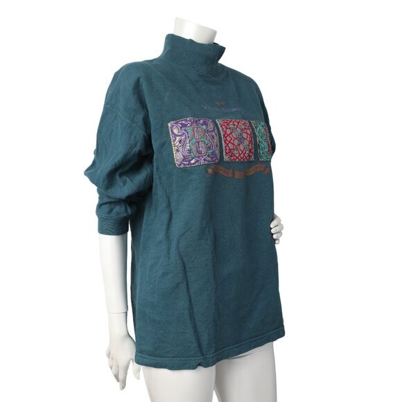Vintage 90s Green Mock Neck Sweatshirt with Embroidered Tapestry Art 100% Cotton - Picture 5 of 11